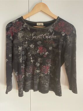 Cactus Black Long Sleeve Floral 'Secret Garden' Top
